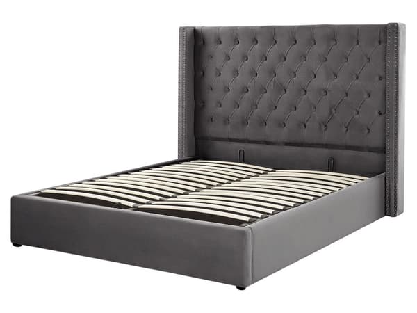 Dubbelsäng Sängram Ribbor Grå Sammet Tuftad Huvudgavel 160 x 200 cm med Förvaring Glam Design