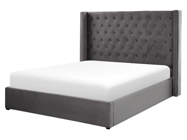 Dubbelsäng Sängram Ribbor Grå Sammet Tuftad Huvudgavel 160 x 200 cm med Förvaring Glam Design