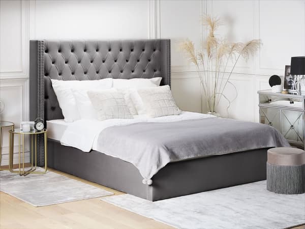 Dubbelsäng Sängram Ribbor Grå Sammet Tuftad Huvudgavel 160 x 200 cm med Förvaring Glam Design