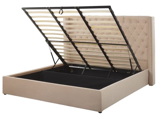 Dubbelsäng Sängram Ribbor Beige Sammet Tuftad Huvudgavel 180 x 200 cm med Förvaring Glam Design
