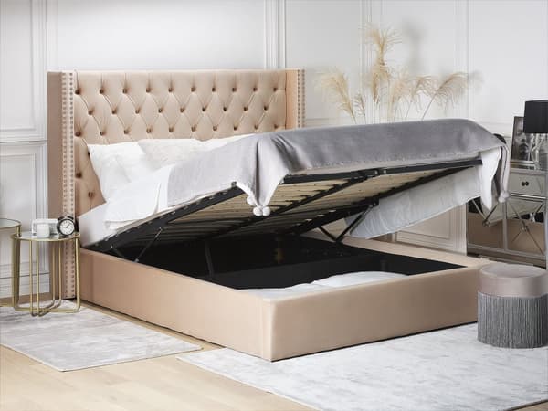Dubbelsäng Sängram Ribbor Beige Sammet Tuftad Huvudgavel 160 x 200 cm med Förvaring Glam Design