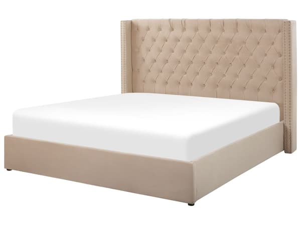 Dubbelsäng Sängram Ribbor Beige Sammet Tuftad Huvudgavel 160 x 200 cm med Förvaring Glam Design