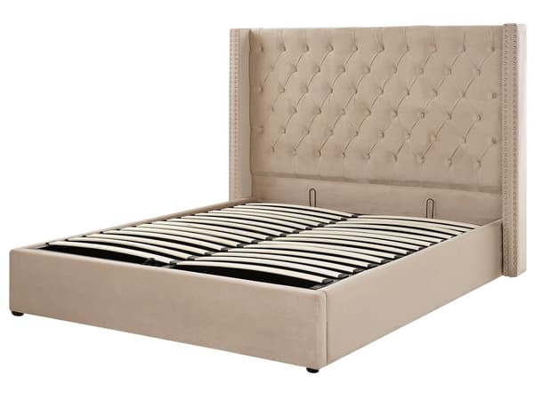 Dubbelsäng Sängram Ribbor Beige Sammet Tuftad Huvudgavel 160 x 200 cm med Förvaring Glam Design