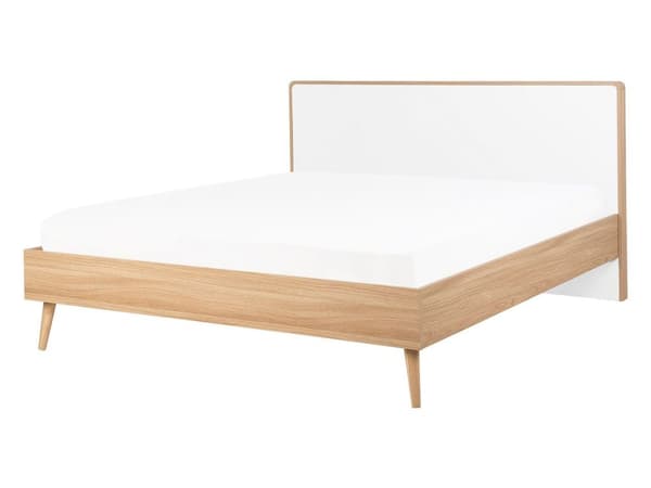Seng hvid lysebrun 140 x 200 cm med LED-ramme stel og sengegavl skandinavisk minimalistisk design