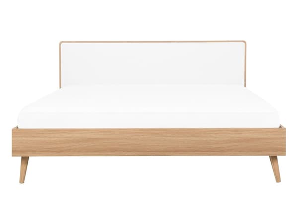 Seng hvid lysebrun 140 x 200 cm med LED-ramme stel og sengegavl skandinavisk minimalistisk design