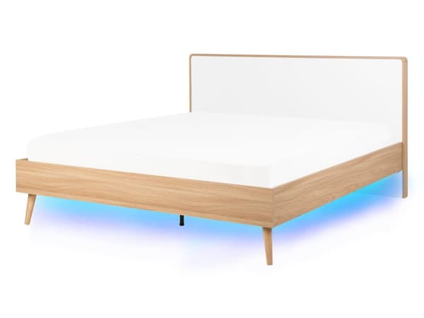 Seng hvid lysebrun 140 x 200 cm med LED-ramme stel og sengegavl skandinavisk minimalistisk design