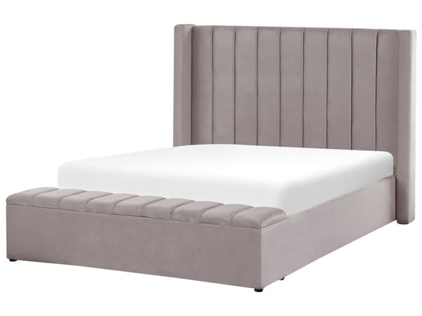 Velour Seng Grå med Ramme 140 x 200 cm høj Sengegavl med Kommode