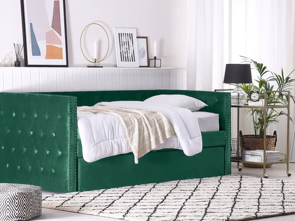 Dagbädd Grön Sammet 90 x 200 cm Lamellram med Knappar Dekorativ Sängram Glam