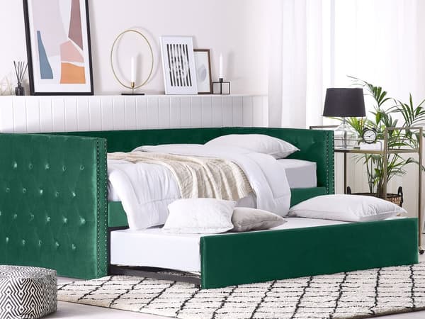 Dagbädd Grön Sammet 90 x 200 cm Lamellram med Knappar Dekorativ Sängram Glam