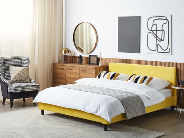 Velourseng Gul 160 x 200 cm med Ramme og Sengegavl