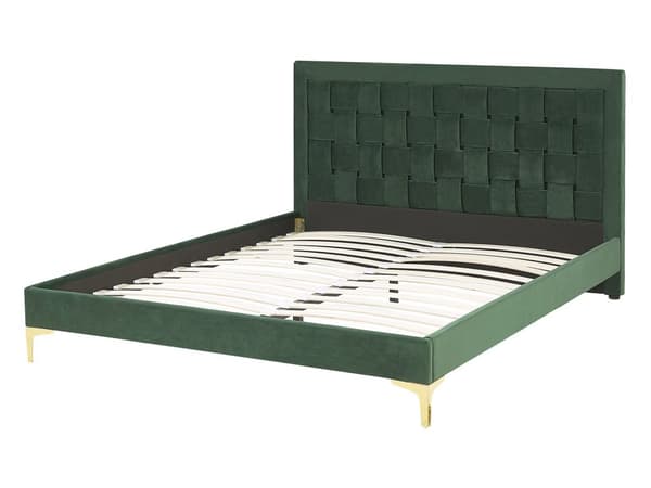 Velourseng Grøn Polstret Guld Metalben 140 x 200 cm Halvanden Mands Seng med Flet Origami Sengegavl Moderne Glamour Soveværelse Indretning