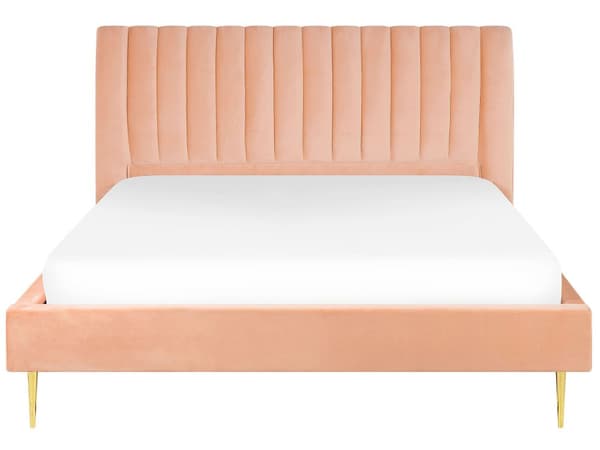 Seng med Stel Fersken Betrukket med Velour Gyldne Ben 180 x 200 cm Højt Hoved Retro Design