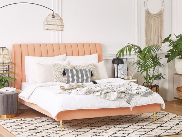 Seng med Stel Fersken Betrukket med Velour Gyldne Ben 180 x 200 cm Højt Hoved Retro Design