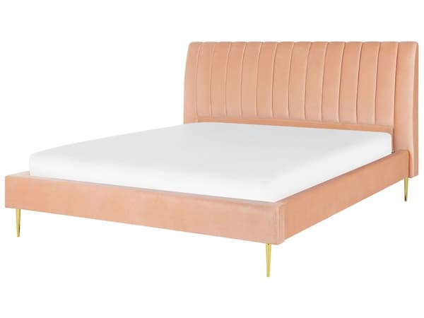 Seng med Stel Fersken Betrukket med Velour Gyldne Ben 180 x 200 cm Højt Hoved Retro Design