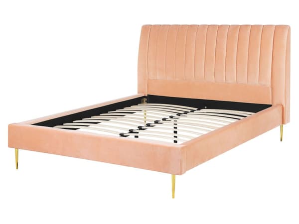 Seng med Stel Fersken Betrukket med Velour Gyldne Ben 160 x 200 cm Højt Hoved Retro Design
