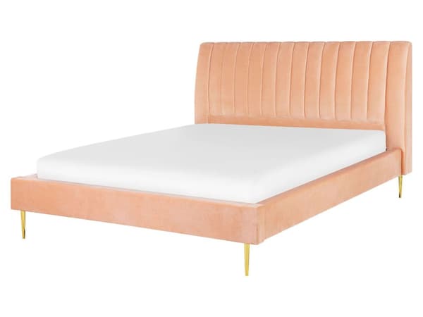 Seng med Stel Fersken Betrukket med Velour Gyldne Ben 160 x 200 cm Højt Hoved Retro Design