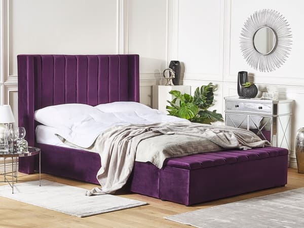 Velour Seng Violet med Ramme 140 x 200 cm høj Sengegavl med Kommode