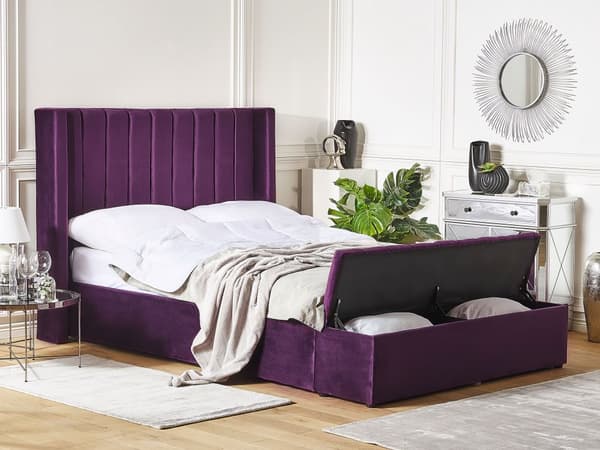 Velour Seng Violet med Ramme 140 x 200 cm høj Sengegavl med Kommode