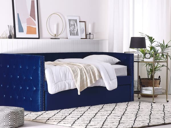 Blå Velour Udtræksseng med Stel 90 x 200 cm Glamourøs Moderne Stil