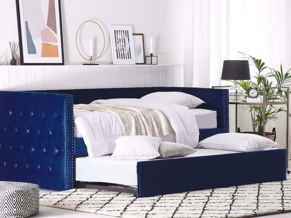 Blå Velour Udtræksseng med Stel 90 x 200 cm Glamourøs Moderne Stil