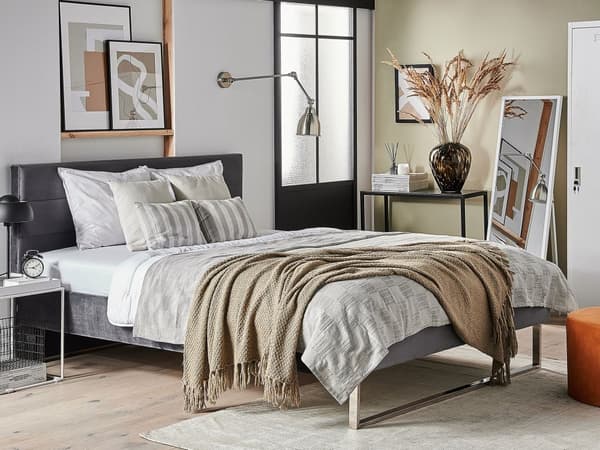 Grå Velour seng 160 x 200 cm Polstret Sølvben Nakkestøtte Ryglæn Glamourøs Moderne Stil