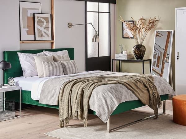 Grøn velour seng 140 x 200 cm Polstret Sølvben Nakkestøtte Ryglæn Glamourøs Moderne Stil
