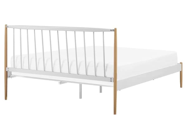 Dobbeltseng Hvid Metal Lyse Træben 160 x 200 cm To Mands Metalseng med Ramme Sengegavl Skandinavisk Retro Kvalitetsseng til Teenageværelse