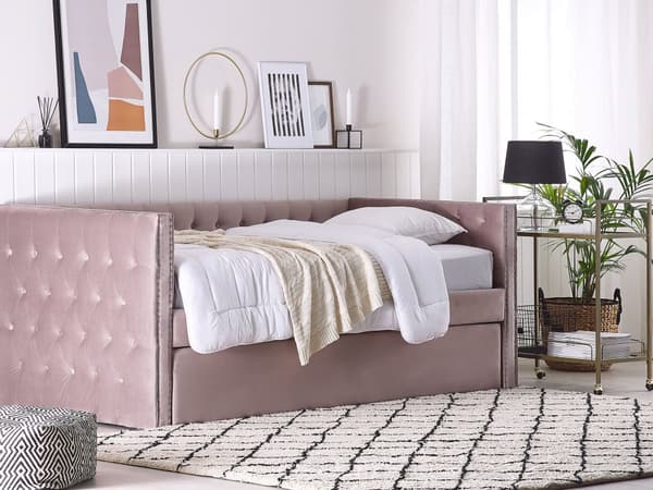 Dagbädd Rosa Sammet 90 x 200 cm Lamellram med Knappar Dekorativ Sängram Glam