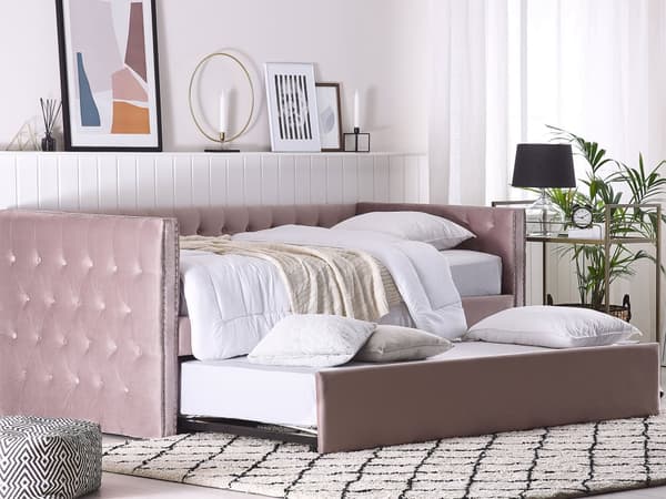 Dagbädd Rosa Sammet 90 x 200 cm Lamellram med Knappar Dekorativ Sängram Glam