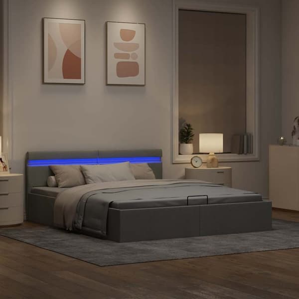 vidaXL hydraulisk opbevaringsseng med LED 180x200 cm stof lysegrå