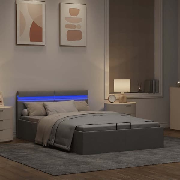 vidaXL hydraulisk opbevaringsseng med LED 140x200 cm stof lysegrå