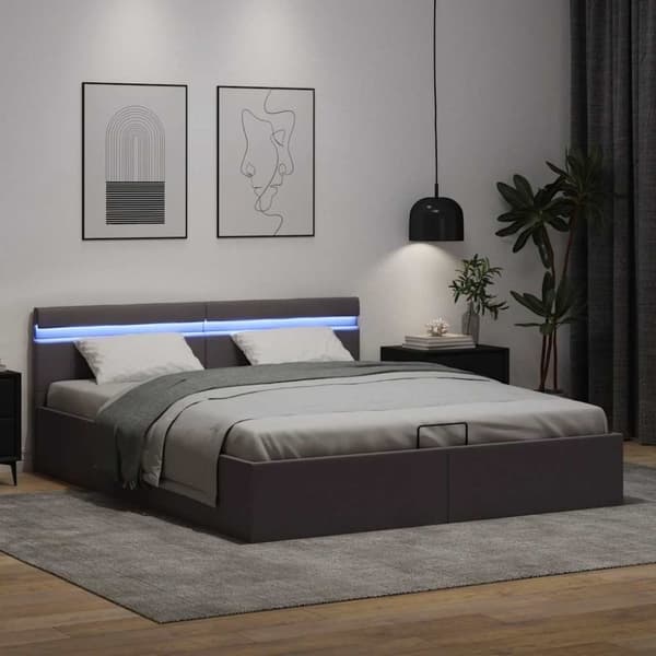 vidaXL hydraulisk opbevaringsseng med LED 160x200 cm kunstlæder grå