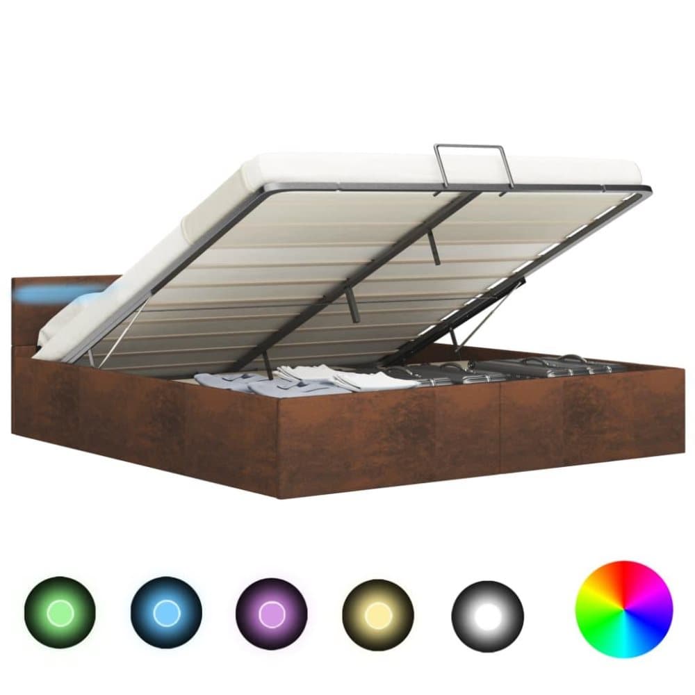 vidaXL hydraulisk opbevaringsseng med LED 180 x 200 cm stof brun