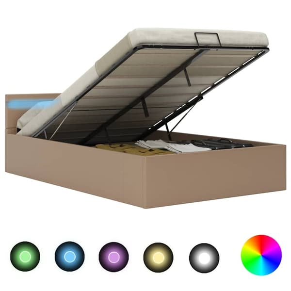vidaXL hydraulisk opbevaringsseng LED 140x200 cm kunstlæder cappuccino