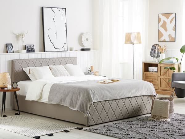 Seng Taupe Kunstlæder 180 x 200 cm Moderne Blød Dobbeltseng med Opbevaring Diamant Rombe Mønster Quiltet Sengeramme Soveværelse Inspiration