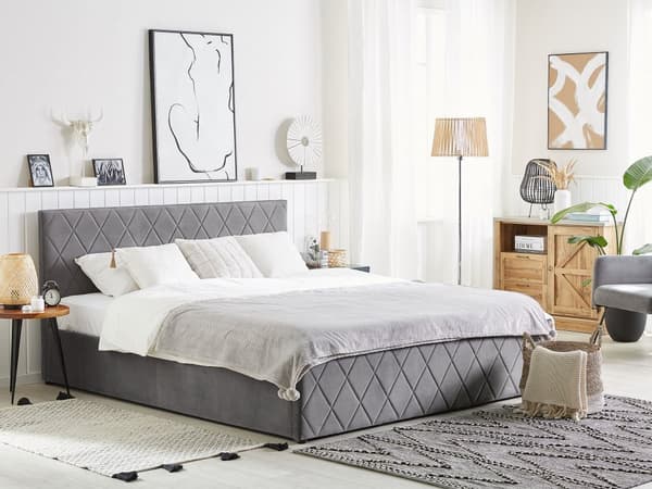 Sänky harmaa sametti verhoilu säilytystila 160 x 200 cm timantti tikattu sängynpääty moderni tyyli