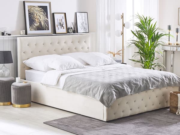 Parisänky vaalea beige 180 x 200 cm sametti sälepohja tuftattu koristetimantit chesterfield-tyyli glamour