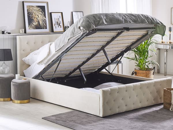 Parisänky vaalea beige 160 x 200 cm sametti sälepohja tuftattu koristetimantit chesterfield-tyyli glamour