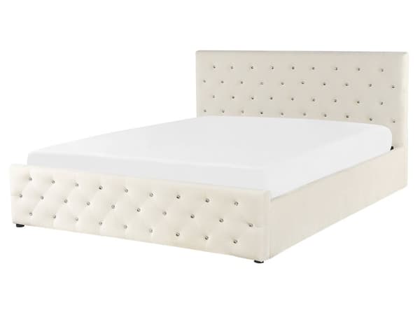 Parisänky vaalea beige 160 x 200 cm sametti sälepohja tuftattu koristetimantit chesterfield-tyyli glamour