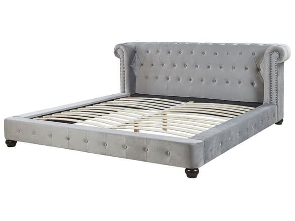 Parisänky vaaleanharmaa 180 x 200 cm sametti sälepohja napitettu chesterfield retro tyyli