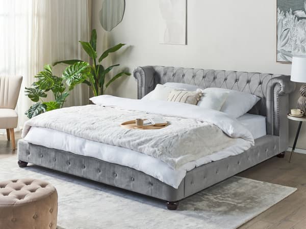Parisänky vaaleanharmaa 180 x 200 cm sametti sälepohja napitettu chesterfield retro tyyli
