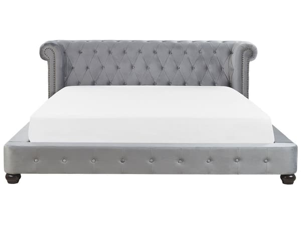 Dobbeltseng Grå Velour 180 x 200 cm Dekorativ Quiltet Tuftet Polstret Sengegavl med Lav Senge Ramme Futon Stil Retro Soveværelse Design