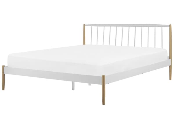Sänky valkoinen/ruskea metalli runko 180 x 200 cm sälepohja puiset jalat skandinaavinen tyyli