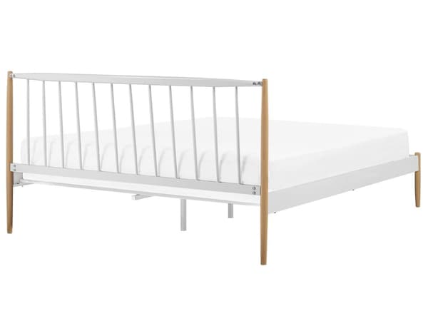 Dobbeltseng Hvid Metal Lyse Træben 180 x 200 cm To Mands Metalseng med Ramme Sengegavl Skandinavisk Retro Kvalitetsseng til Teenageværelse