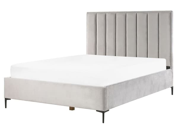 Grå velourseng 160 x 200 cm betrukket med beholder dekorativ sengegavl metalstel sorte ben