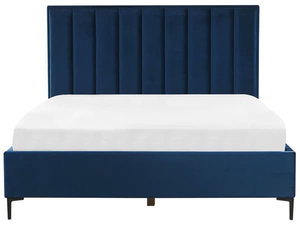 Dubbelsäng Marinblå Sammet 180 x 200 cm med Förvaring Vadderad Huvudgavel Svarta Metallben