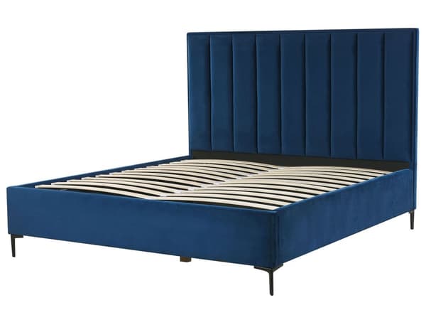 Dubbelsäng Marinblå Sammet 180 x 200 cm med Förvaring Vadderad Huvudgavel Svarta Metallben