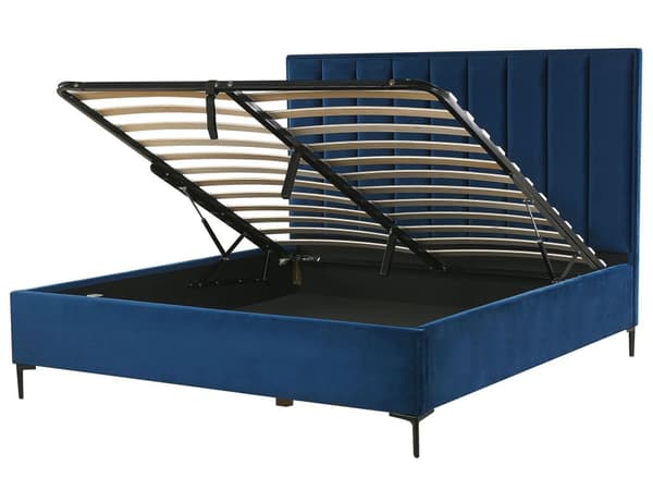 Dubbelsäng Marinblå Sammet 180 x 200 cm med Förvaring Vadderad Huvudgavel Svarta Metallben
