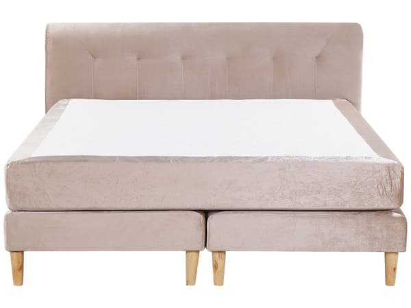 Kontinentalseng i Beige Velour med Træben 160 x 200 cm med Madras og Quiltet Sengegavl Moderne Design