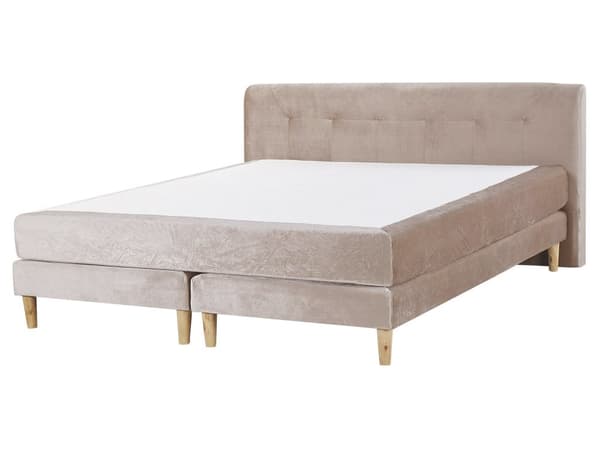Kontinentalseng i Beige Velour med Træben 160 x 200 cm med Madras og Quiltet Sengegavl Moderne Design